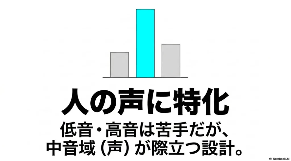 中音域(人の声)が際立つグラフと、低音・高音が苦手な特性の説明