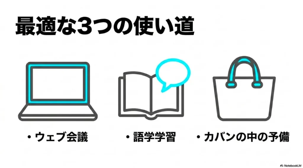 ウェブ会議、語学学習、カバンの予備という最適な3つの使い道を示すアイコン