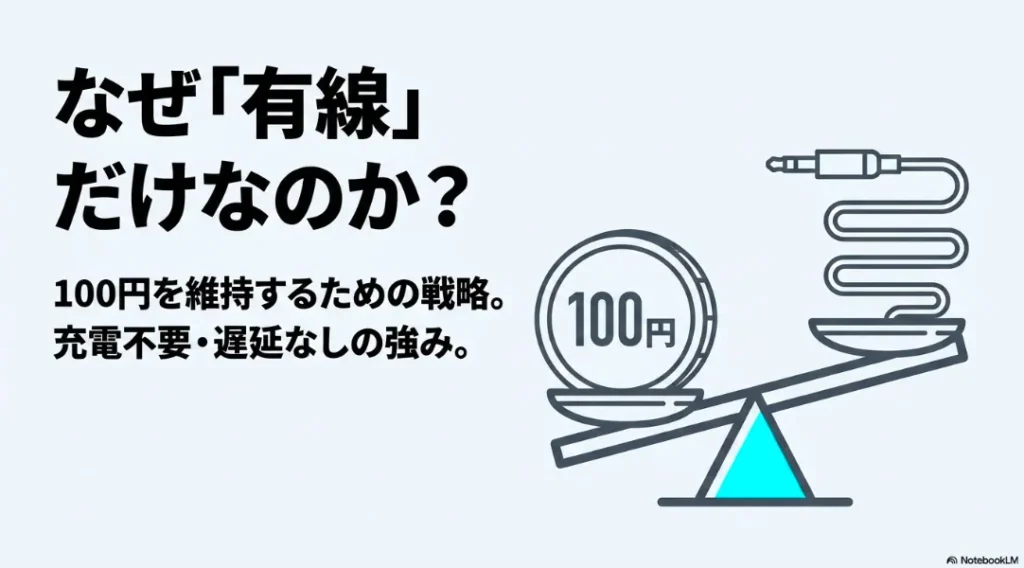 100円を維持するための有線接続と、充電不要・遅延なしの強みを表す天秤のイラスト