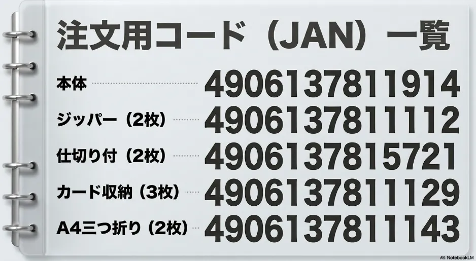 取り寄せに必要な本体や各リフィルの商品JANコード表を示すスライド