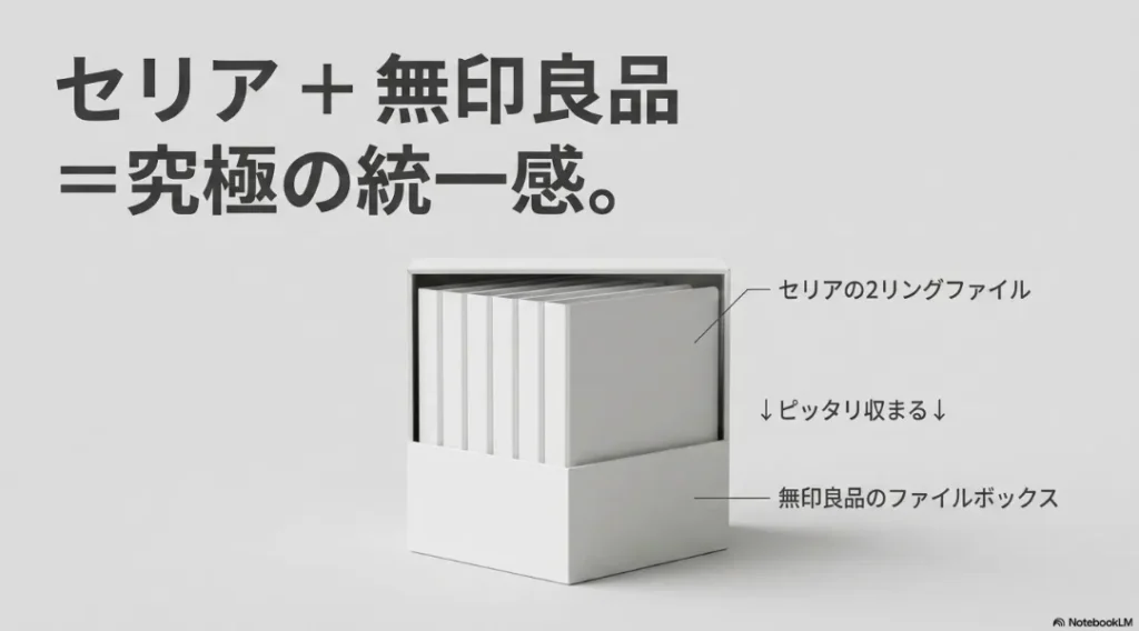 セリアの2リングファイルが無印良品のファイルボックスにピッタリ収まる様子