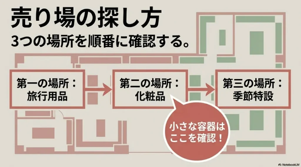 100均の旅行用品、化粧品、季節特設コーナーの3つの売り場を探すコツ