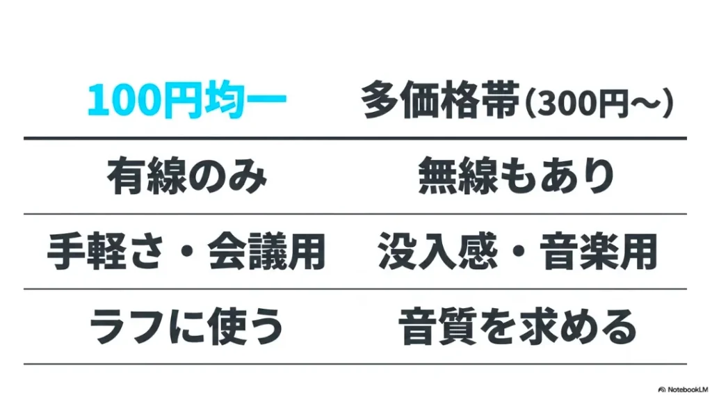 セリア(有線・ラフ使い)とダイソー(無線あり・音質重視)の比較表