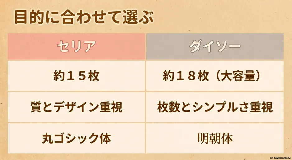 セリアとダイソーの月謝袋の比較。セリアはデザインや質重視で約15枚入り、ダイソーはシンプルで枚数重視の約18枚入りであることを示す一覧