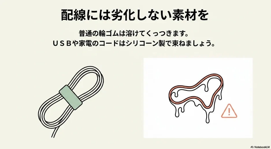 普通の輪ゴムが溶けてしまう様子と、シリコーンバンドで安全にコードを束ねたイラスト