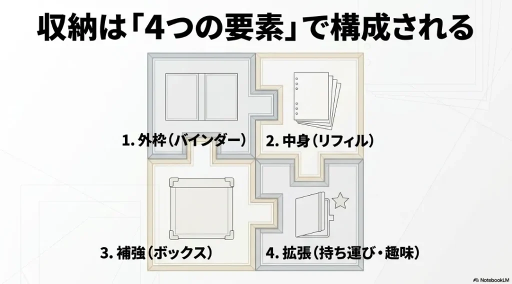 収納を外枠、中身、補強、拡張の4要素に分けた解説図