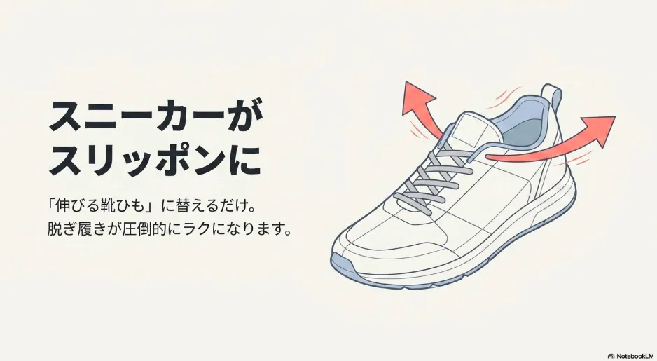 スニーカーの靴紐が伸縮し、脱ぎ履きがラクになる様子を表したイラスト