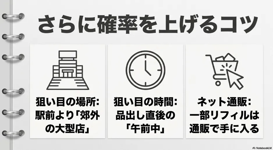 店舗選びや時間帯、通販活用など在庫を探すためのヒントを示すスライド