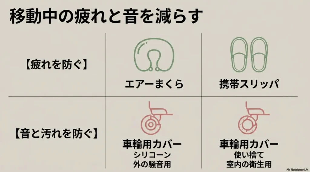 エアーまくらや携帯スリッパ、車輪用シリコーンカバーで移動を快適にするアイテム