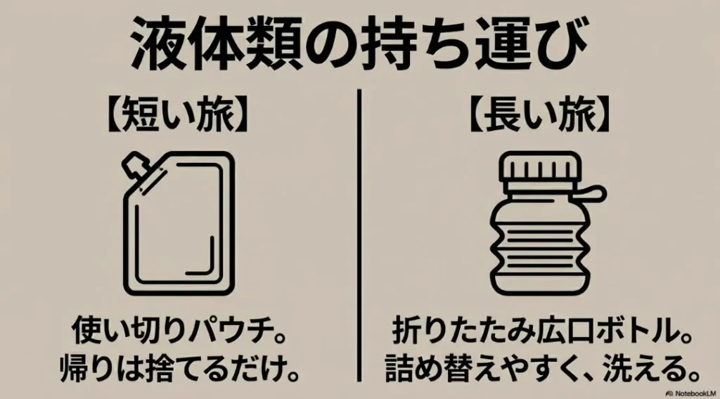 短い旅には使い切りパウチ、長い旅には折りたたみ広口ボトルがおすすめ