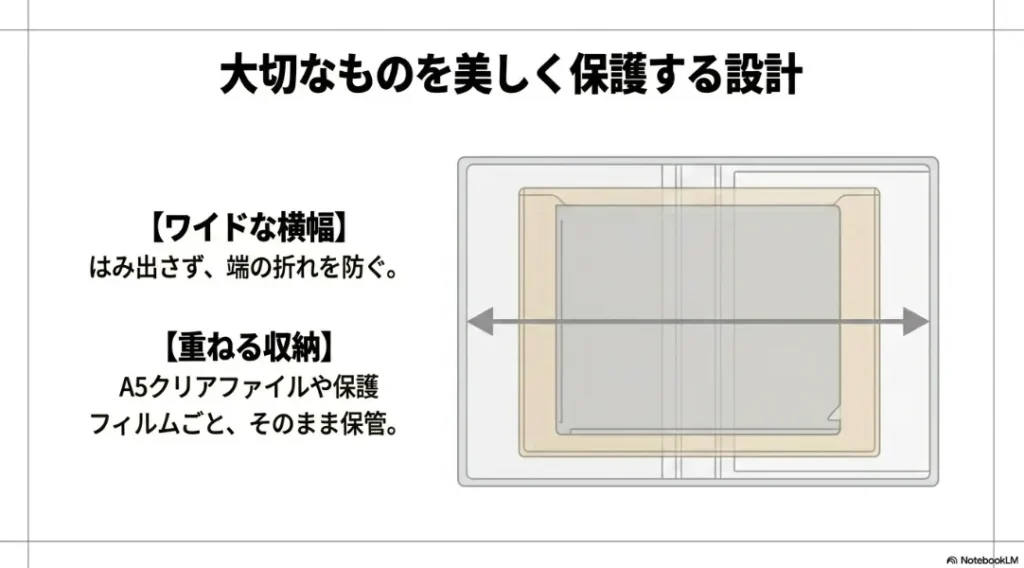 A5クリアファイルなどを重ねて収納できるマイコレシリーズのワイドな横幅設計