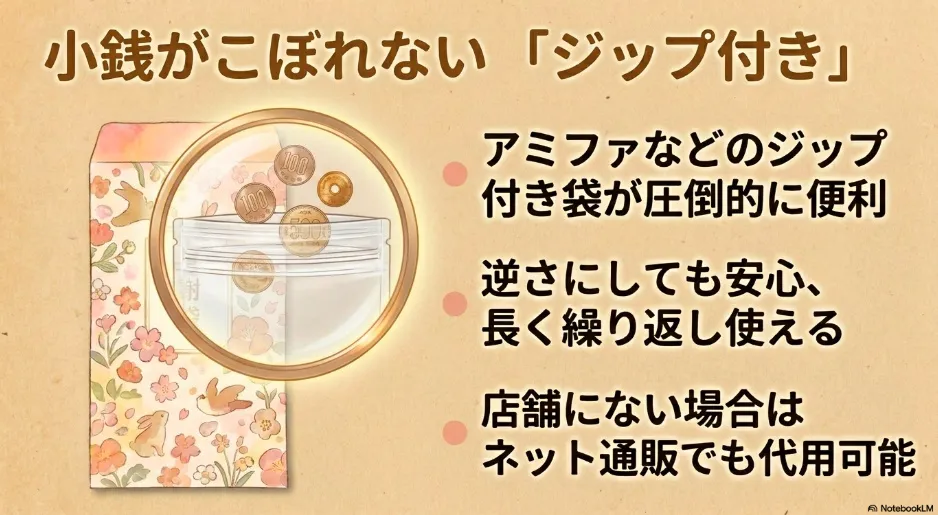 amifaなどのジップ付き月謝袋の紹介。逆さにしても小銭がこぼれず、長く繰り返し使えるメリットを解説した図