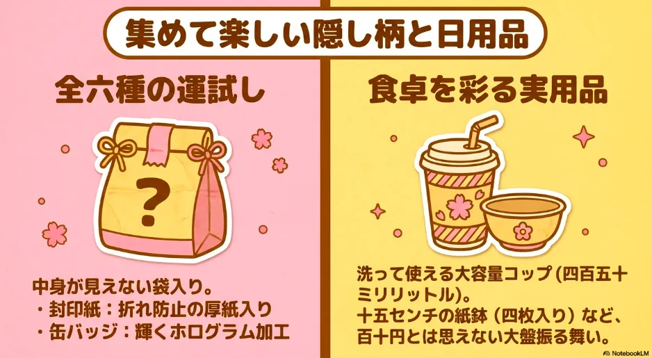 隠し柄のブラインド商品と、食卓を彩る大容量コップや紙鉢などの日用品