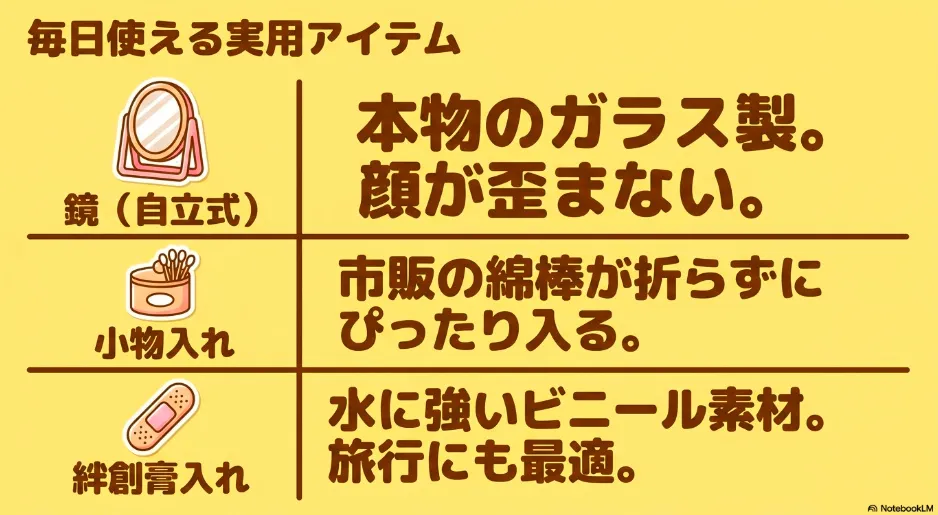 自立式のガラス鏡、小物入れ、水に強い絆創膏入れなどの実用アイテム