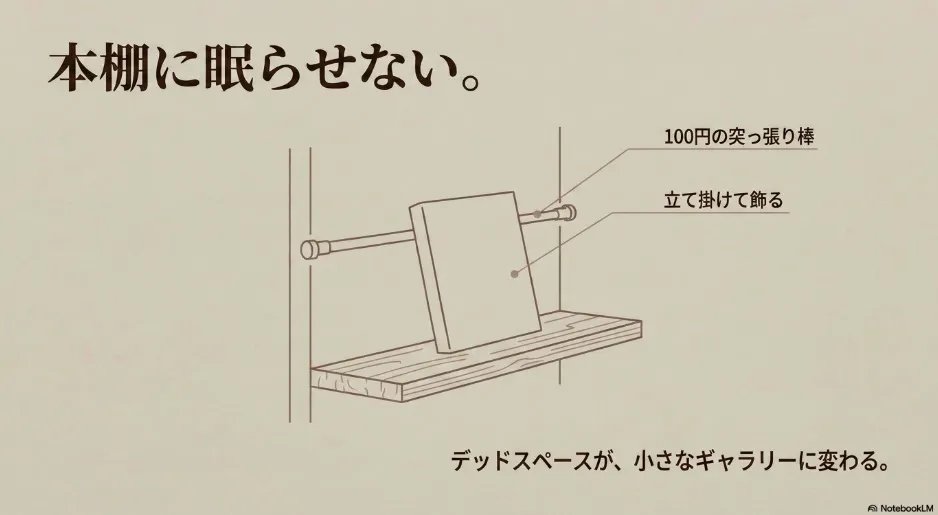 100円の突っ張り棒を使ってデッドスペースをギャラリーのように見せる立て掛け収納アイデア