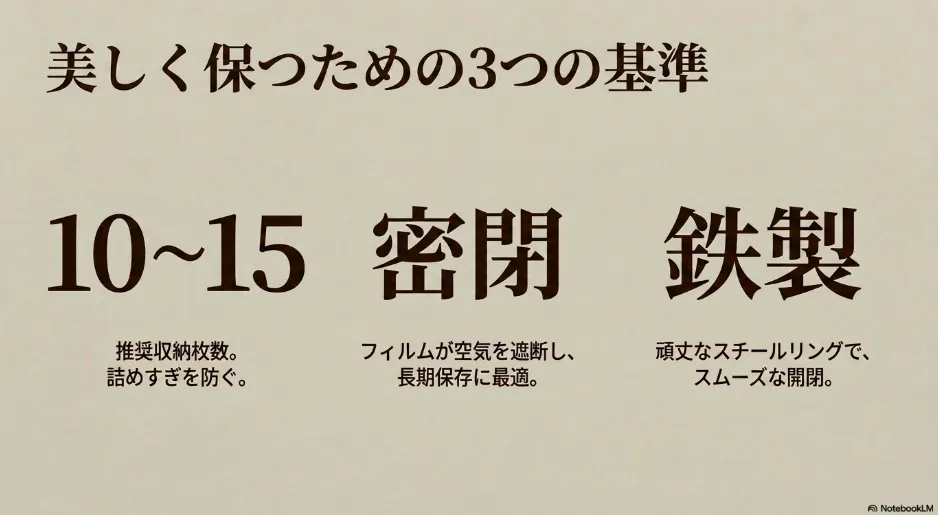 推奨収納枚数10〜15枚、密閉による長期保存、頑丈なスチールリングの3つの特徴