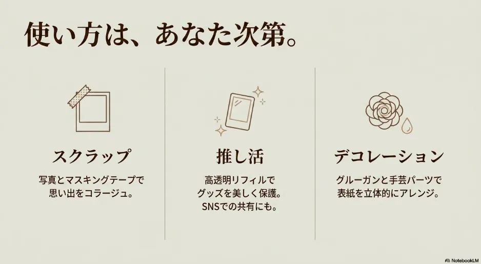 スクラップ、推し活、デコレーションなど多様なアルバムの使い方