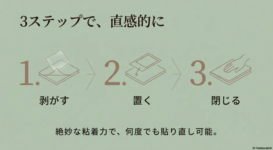 剥がす、置く、閉じるの3ステップで簡単に使える粘着式フリー台紙