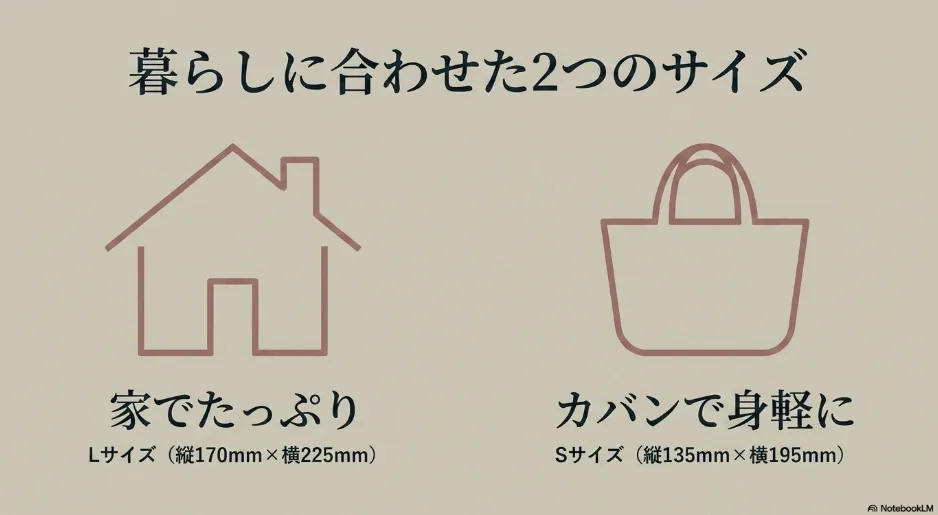 家でたっぷり収納できるLサイズと、カバンで身軽に持ち運べるSサイズの比較