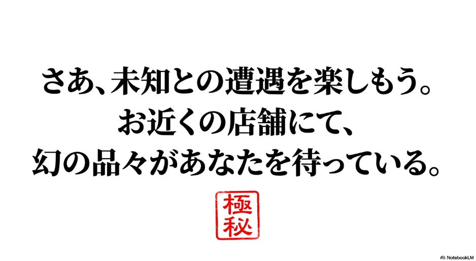 さあ、未知との遭遇を楽しもう。お近くの店舗にて、幻の品々があなたを待っている。
