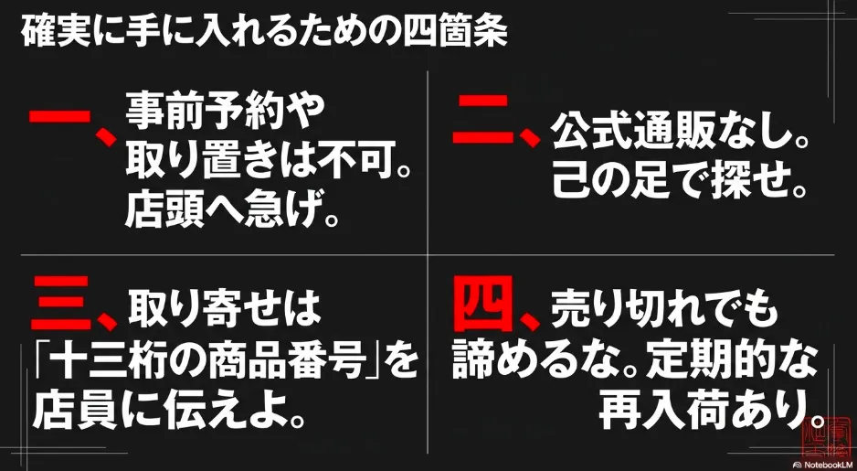 確実に手に入れるための四箇条。事前予約不可、公式通販なし、取り寄せには十三桁の商品番号を伝える、売り切れでも定期的な再入荷あり。