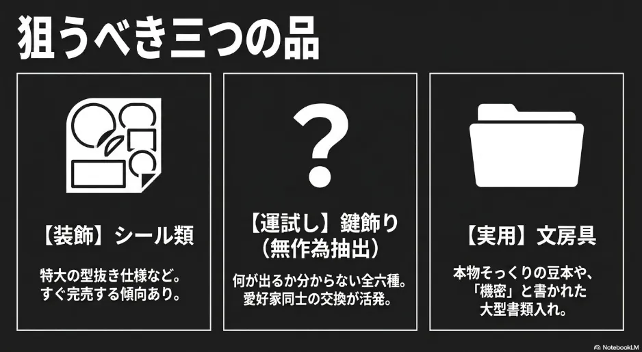 狙うべき三つの品。シール類、無作為抽出の鍵飾り、豆本などの文房具について。