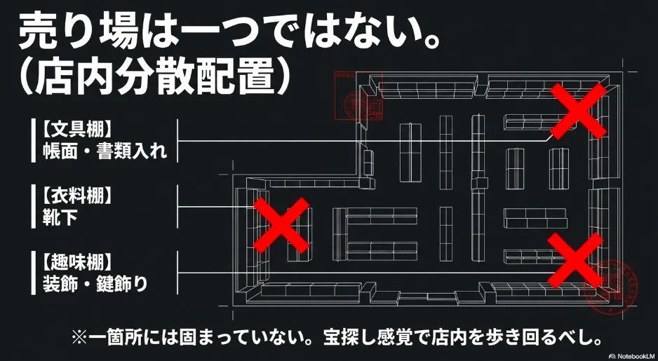 売り場は一つではない。文具棚、衣料棚、趣味棚などに分散配置されているため、宝探し感覚で店内を歩き回るべし。