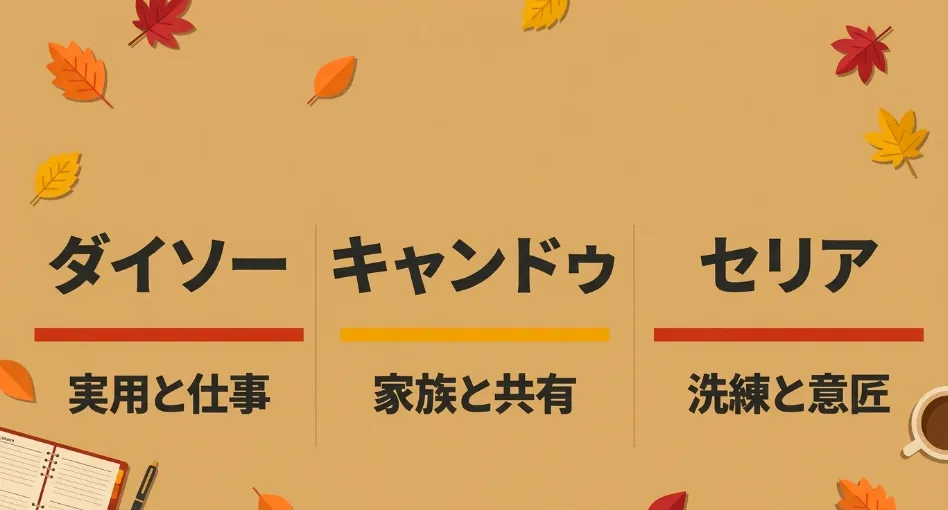 セリア ダイソー(実用と仕事)、キャンドゥ(家族と共有)、セリア(洗練と意匠)