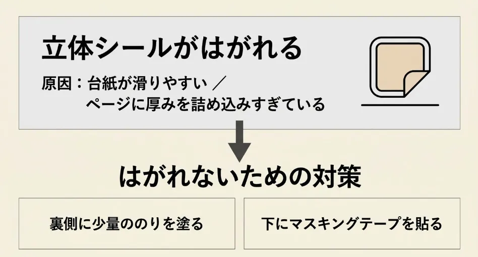 立体シールが剥がれる原因と、裏側にのりを塗ったりマスキングテープを貼ったりする対策方法