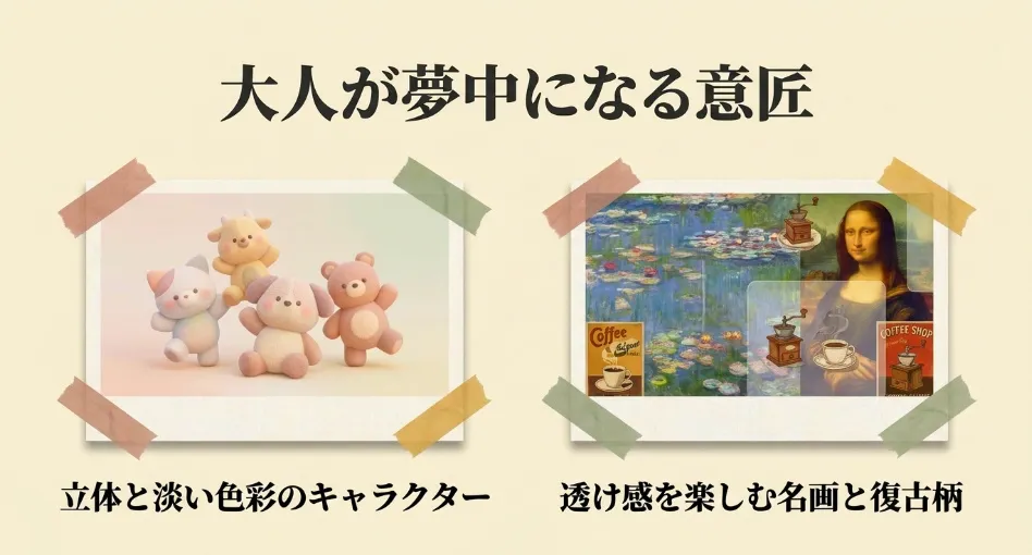 大人が夢中になるシールの意匠（キャラクター・名画・復古柄）