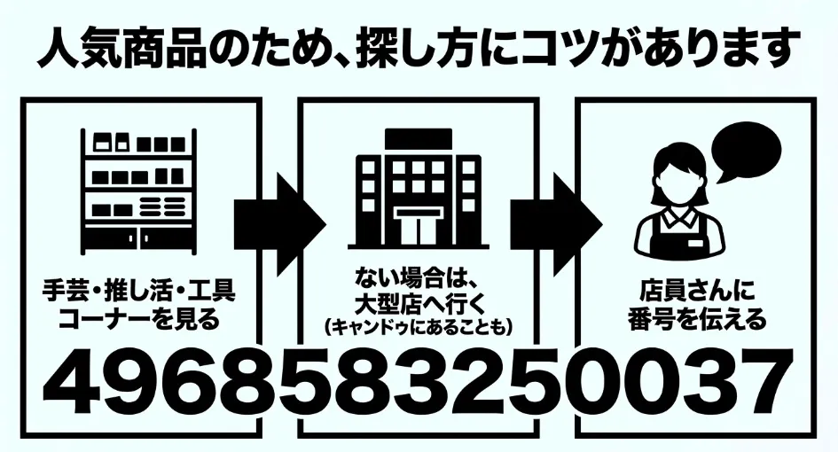 手芸・推し活・工具コーナーを見る、ない場合は大型店へ行く、店員さんに番号（4968583250037）を伝えるといった探し方のコツ