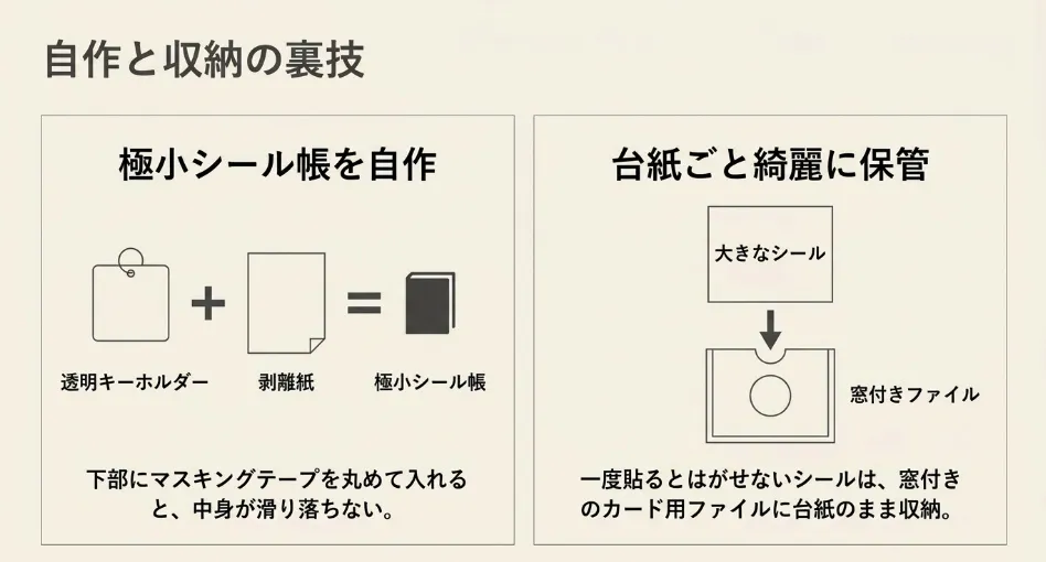 透明キーホルダーを使った極小シール帳の自作方法と、窓付きファイルを使った台紙ごとの収納アイデア