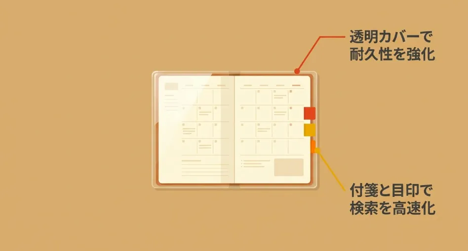 透明カバーで手帳の耐久性を強化し、付箋と目印で検索を高速化するアイデア