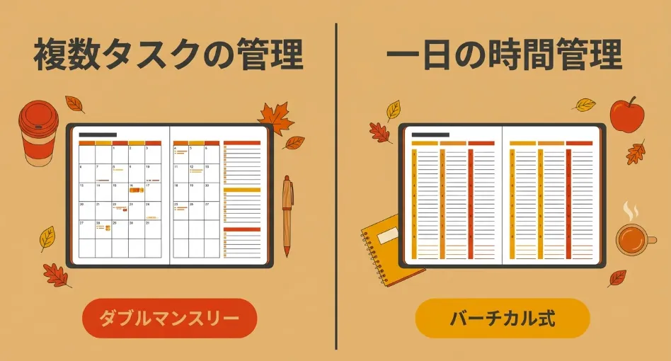 複数タスクの管理に向くダブルマンスリー、一日の時間管理に向くバーチカル式の特徴を比較