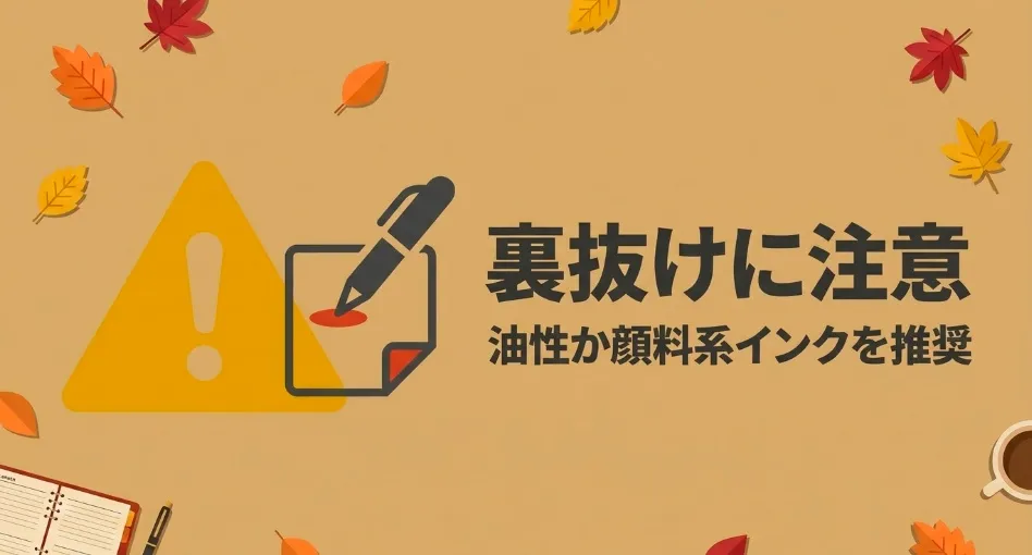 セリア 手帳の裏抜けに注意し、油性か顔料系インクのペンを推奨する解説スライド
