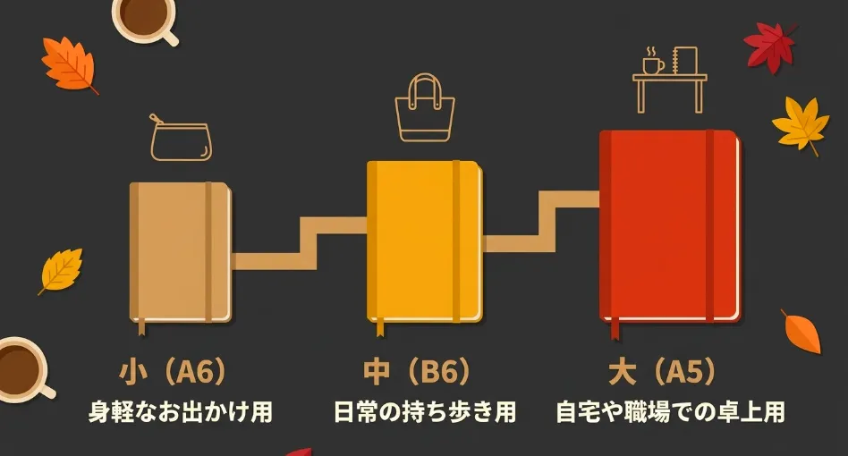 身軽なお出かけ用の小(A6)、日常の持ち歩き用の中(B6)、卓上用の大(A5)の3種類