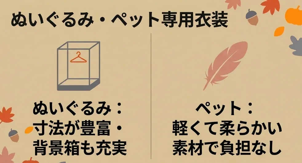 ぬいぐるみ・ペット専用衣装。ぬいぐるみは寸法が豊富で背景箱も充実。ペットは軽くて柔らかい素材で負担なし