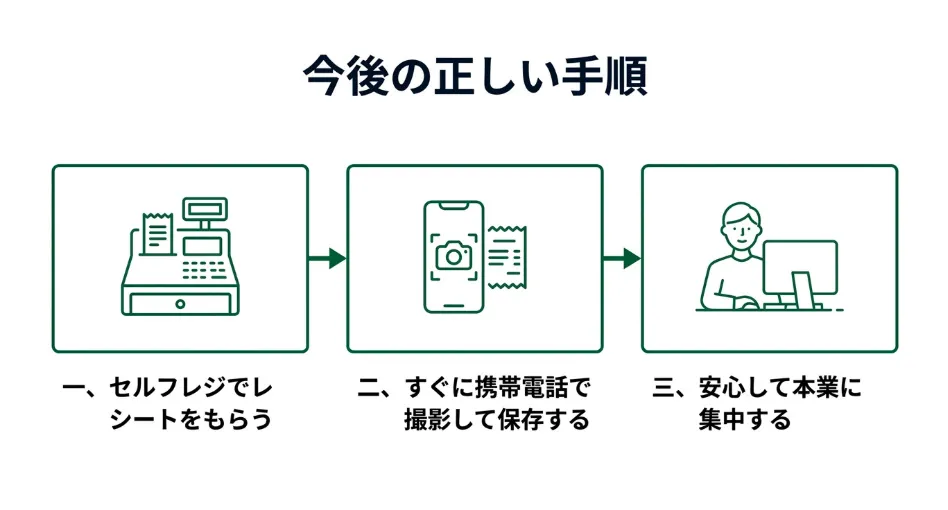 セルフレジでレシートをもらい、すぐに携帯電話で撮影して保存する