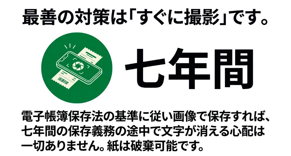 電子帳簿保存法の基準に従い画像で保存すれば7年間文字が消える心配はなく紙は破棄可能