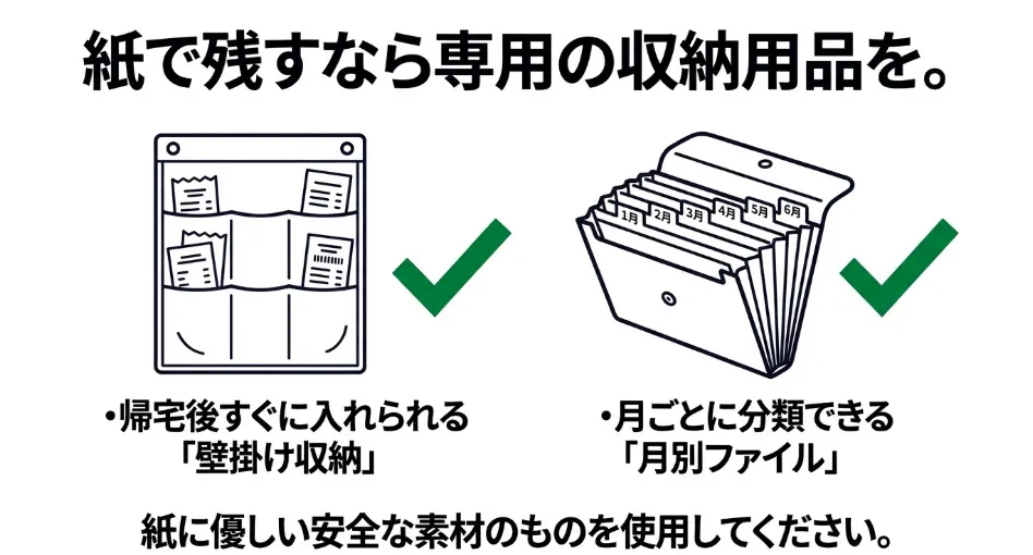 壁掛け収納や月ごとに分類できる月別ファイル、紙に優しい素材を使用した専用収納用品