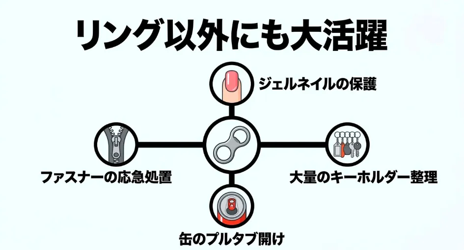 ジェルネイルの保護、ファスナーの応急処置、缶のプルタブ開け、大量のキーホルダー整理など、リング以外にも大活躍する活用例