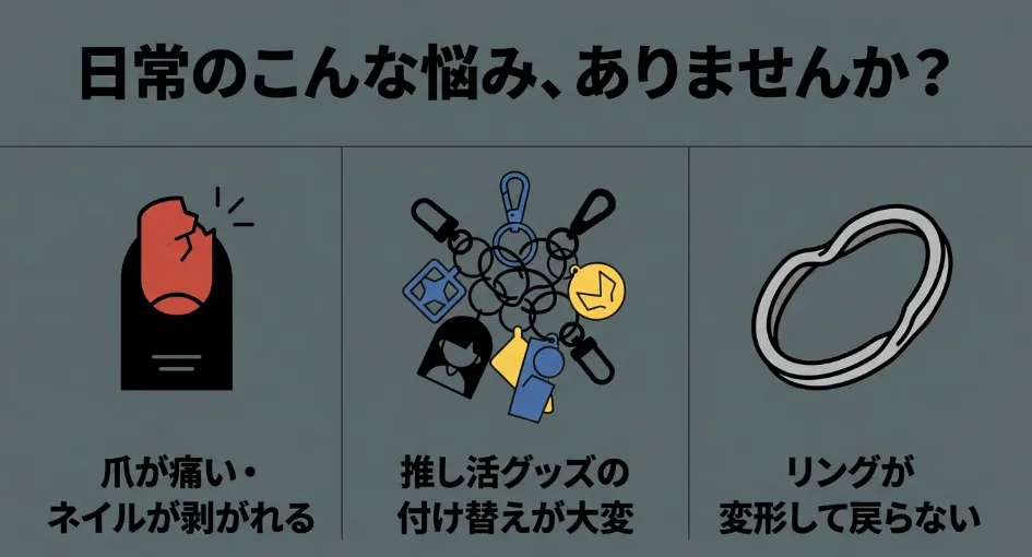 爪が痛い、推し活グッズの付け替えが大変、リングが変形して戻らないといった日常の悩みを示すイラスト