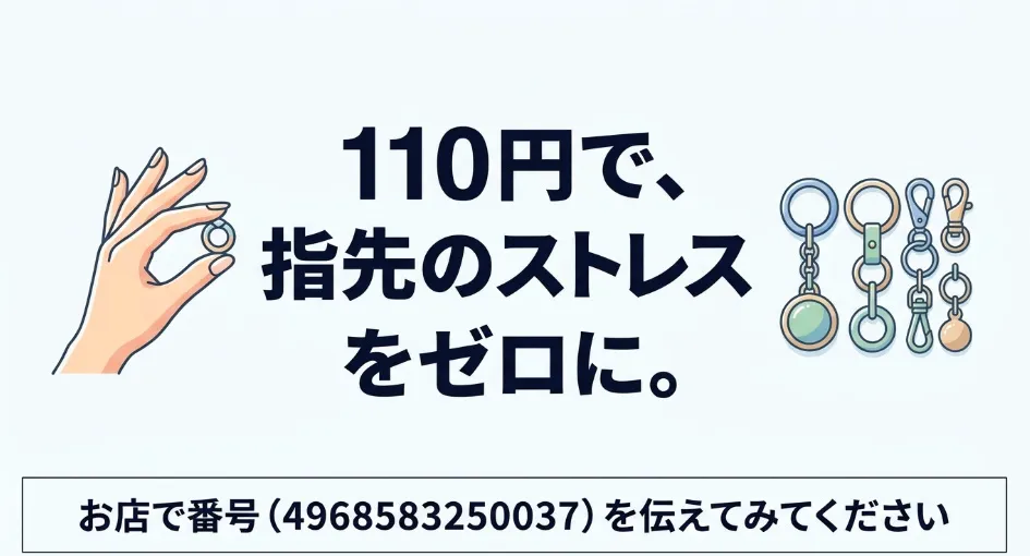 110円で指先のストレスをゼロに。お店で番号（4968583250037）を伝えてみてくださいというメッセージ