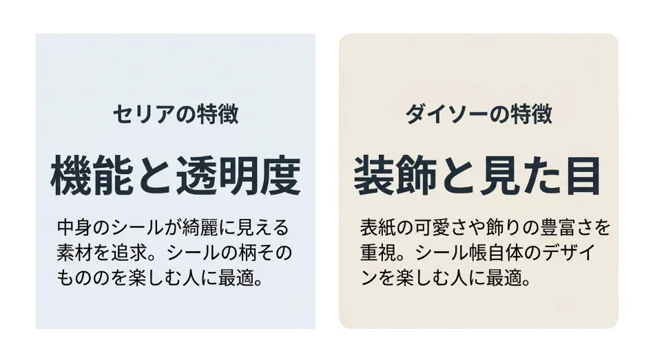 セリアとダイソーのミニシール帳の特徴比較。透明度重視のセリアと、表紙の可愛さ重視のダイソー
