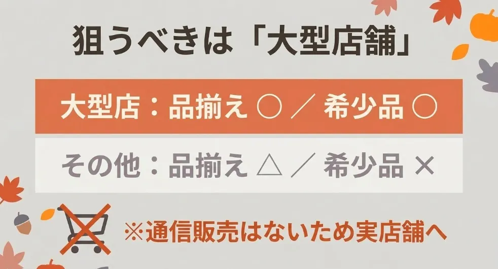 狙うべきは大型店舗。通信販売はないため品揃えの良い実店舗の大型店へ