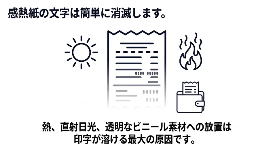 熱、直射日光、透明なビニール素材への放置が感熱紙の印字を溶かす原因である