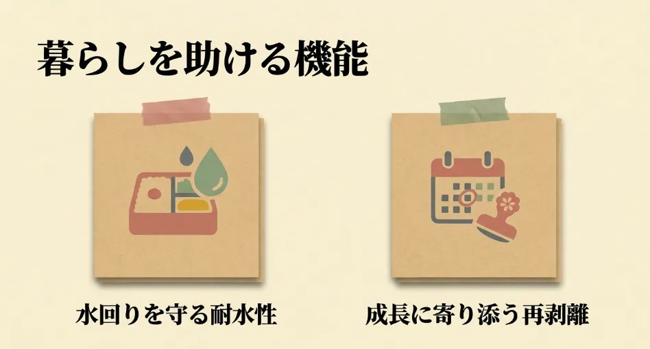 暮らしを助けるシールの機能（耐水性と再剥離）